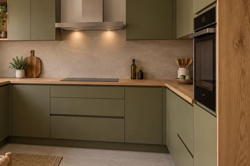 Visualización conceptual IA de cocina: Reformas de Felipe Núñez. Detalle de materiales y distribución.